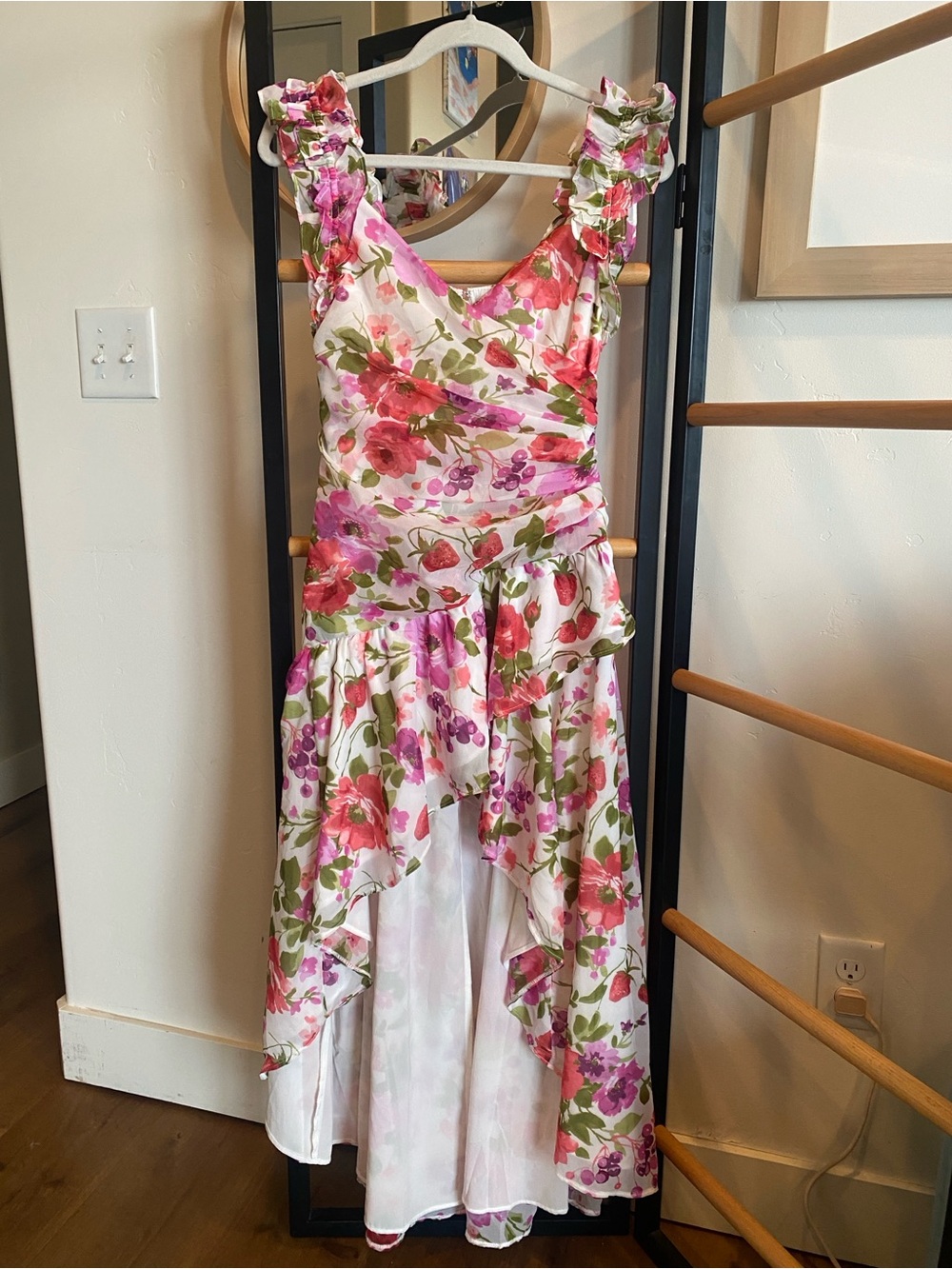 Abercrombie & Fitch Pink and Green Floral Ruffle High-Low Dress